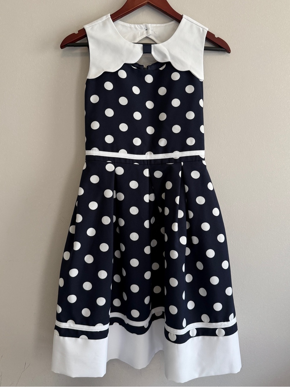 Navy White Polka Dot Fit & Flare Women Dress White Collar size 16.5” retro
